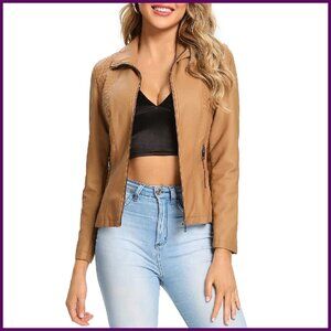 Faux Leather Quilted Zip Up Jacket Women's Casual Windproof Outerwear